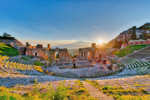 Taormina with its Ancient Greek theater overlooking Mt Etna